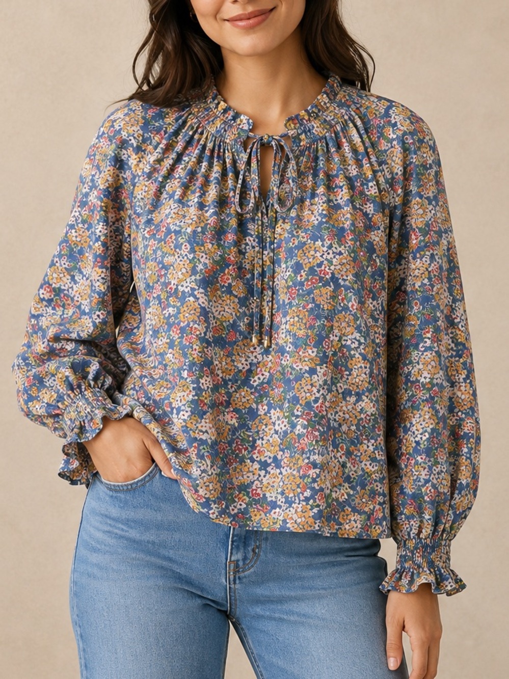 Cynthia Rowley Blue Floral Ruffle Smocked Neck Peasant Blouse Boho Rayon M